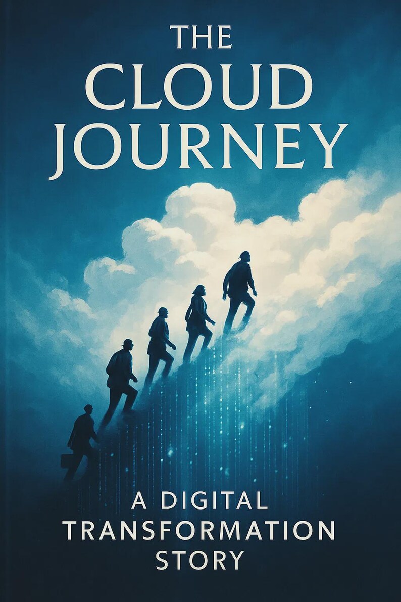 K&ouml;nnte beinhalten: Buchcover mit dem Titel "THE CLOUD JOURNEY" in Wei&szlig; vor blauem Himmel mit Wolken. Silhouetten von Personen steigen einen wolkenbedeckten Pfad hinauf, darunter der Text "A DIGITAL TRANSFORMATION STORY".