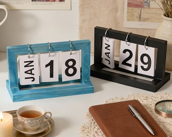Calendario perpetuo de madera, con fecha para escritorio, ideal como regalo de decoración de oficina.