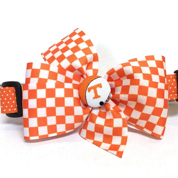 Cat or Dog Collar- The Orange and White Adjustable Collar with Removable Checkered Bow- Football Team College Team