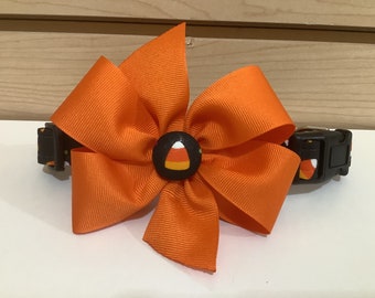 Cat or Dog Collar with removable Bow- Adjustable- Candy Corn Collar with Orange Bow- Fall Thanksgiving collar