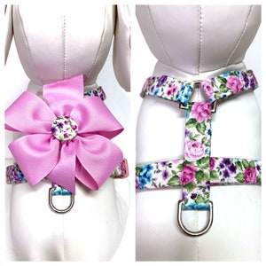 Dog Harness- The Karli Naked (NO BOW) OR Bow Harness- Adjustable Harness with Removable Bow Pink floral dog harness