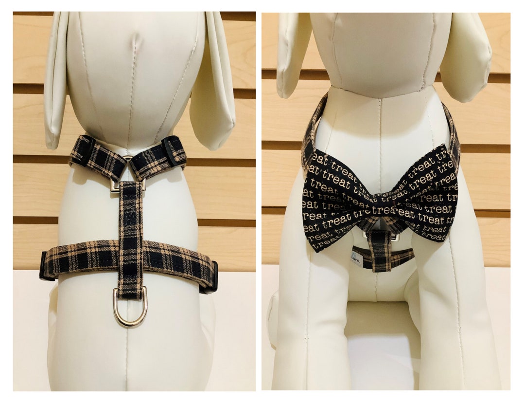 Naked or Bow Tie Dog Harness Tan and Black Plaid Adjustable Harness Pet