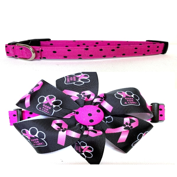 Dog Collar- Naked (NO BOW) The Hot Pink with Black Dots Collar or The Bark for a Cure Collar with removable bow- Adjustable- Breast Cancer