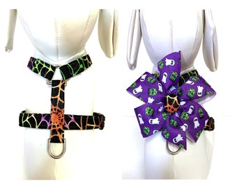 Dog Harness- Naked The Spider Web or The Frankenstein and Boo removable Bow Adjustable Harness Halloween harness