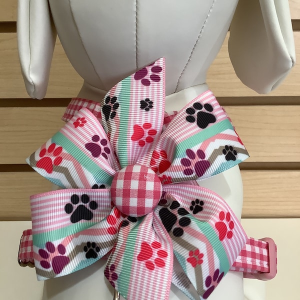 Dog Harness- Pink Gingham Harness with Paws Bow- Adjustable Harness, removable bow- Spring Summer Harness