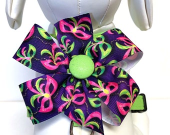 Dog Harness- Mardi Gras Masks Harness with Bow- Lime Green Glitter Adjustable Harness, removable bow