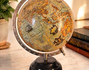 Mappamondo Decorativo Stile Vintage – Baza w Legno Nero – Globo da Scrivania 30 cm – Stile Antico con Navi Illustrate
