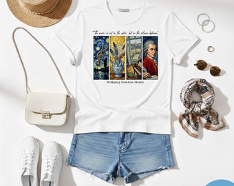Mozart Music Is In The Silence Shirt retro klassieke muziek grafisch T-shirt Unisex Mozart citaat shirt muziekliefhebber cadeau vintage muziek T-shirt