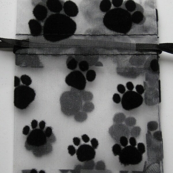 Set of 10 Black Paw Prints on Pale White Printed Organza Bags (3 x 4)