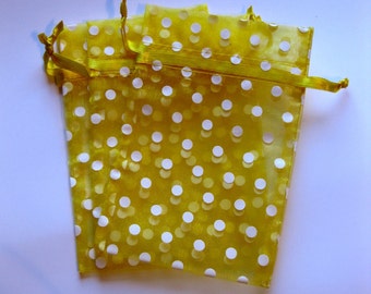 Set of 10 Yellow with White Polka Dot (4x6) Organza Bags