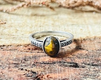Dainty Tiger Eye Ring, sterling silver Minimal ring