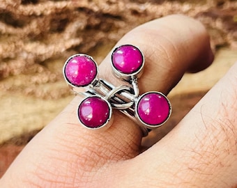 Boho Ruby Cluster Ring, Multi Stone Silver Ring, Floral Statement Ring, Sterling Silver Ring, Gift for Her, Everyday Ethnic Jewelry