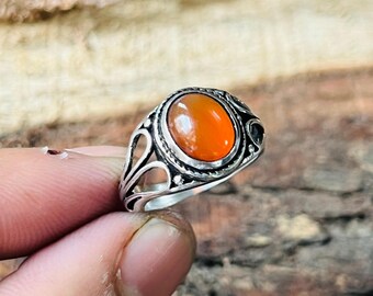 Carnelian Silver Ring, Orange Gemstone Ring, 925 Sterling Silver Ring, Boho Vintage Jewelry, Carnelian Statement Ring