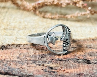 Celestial Moon and Star Ring , 925 Sterling Silver Celestial Jewelry for Women , Vintage Moon Ring , Boho Star Ring , Gift for Her