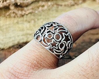 Celestial Moon Star Silver Ring, 925 Sterling Silver Ring, Gift for Her, Boho Celestial Jewelry, Moon Star Statement Ring
