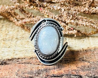 Boho Moonstone Ring | 925 Sterling Silver Ring | Tribal Rainbow Moonstone Ring | Oxidized Silver Ring
