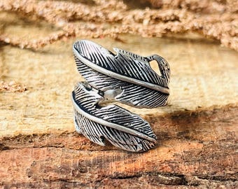 Oxidized Sterling Silver Feather Wrap Ring | Boho Tribal Band | Nature Inspired Jewelry