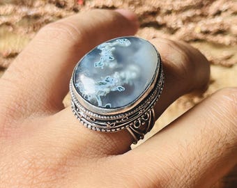 Chunky Moss Agate Silver Ring, , Huge Statement Ring, Big Gemstone Ring, Green Moss Agate Ring , Women's Chunky Ring