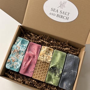 May include: A cardboard gift box containing five rectangular bars of soap nestled in brown paper crinkle fill. The bars feature varied textures and colors, including blue with salt crystals, pink with seeds, honey-colored with oats, green with poppy seeds, and solid dark gray. An oval label reads SEA SALT AND BIRCH.