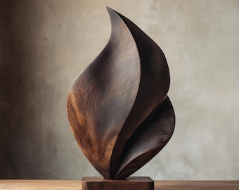 Hand-Carved Abstract Wood Leaf Sculpture - Modern Organic Art