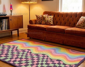 Handmade Wool Checkerboard Rug, Retro Rainbow Carpet