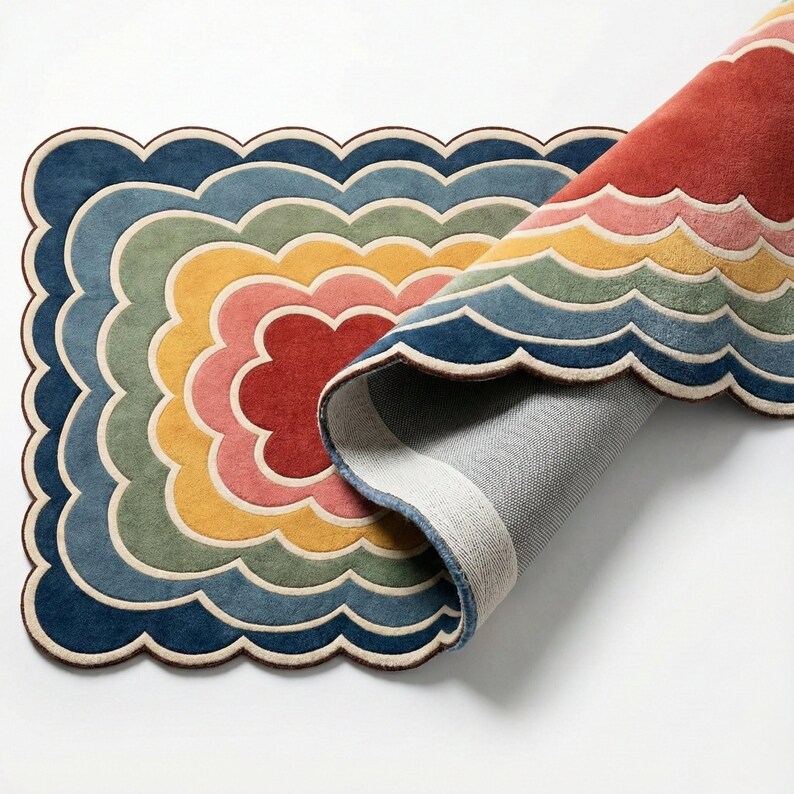 May include: A multi-coloured rug with a scalloped edge and a layered design. The rug features shades of blue, green, yellow, pink, and red. The rug is partially rolled, revealing its underside. The design is reminiscent of a flower or cloud.