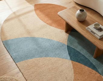 Abstract Oval Wool Rug, Beige Teal Rust, Handmade