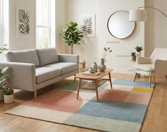 Hand Tufted Wool Rug, Pastel Geometric Abstract Area Carpet, Scandinavian Minimalist Living Room Rug