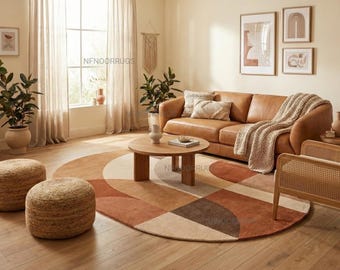 Hand-Tufted Wool Oval Rug, Abstract Geometric Earth Tones