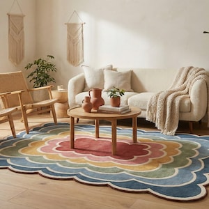 May include: A living room with a cream sofa, two woven chairs, and a round wooden coffee table. A colourful, scalloped-edge rug in shades of blue, pink, yellow, and green sits on the wooden floor. Decorative elements include plants and woven wall hangings.