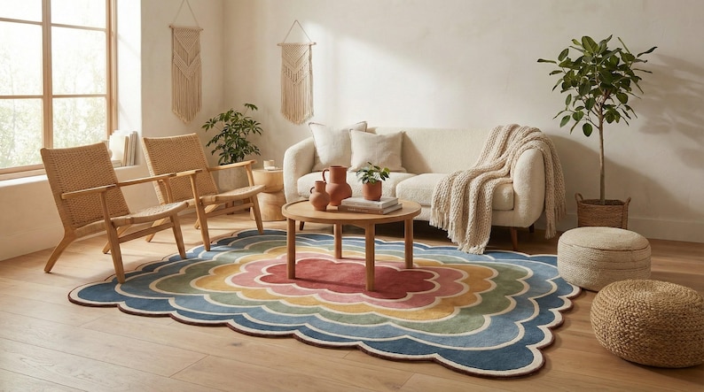 May include: A living room with a cream sofa, two woven chairs, and a round wooden coffee table. A colourful, scalloped-edge rug in shades of blue, pink, yellow, and green sits on the wooden floor. Decorative elements include plants and woven wall hangings.