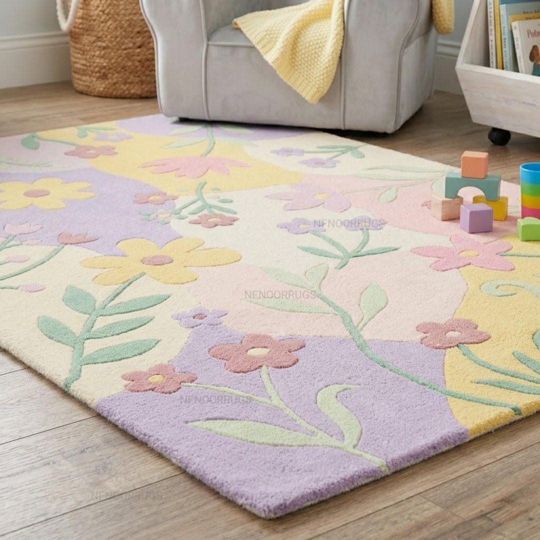 Hand Tufted Wool Floral Nursery Rug – Pastel Scandinavian Baby Playroom ...