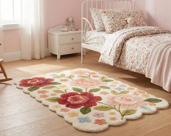 Hand Tufted Wool Floral Kids Rug, Scalloped Nursery Carpet