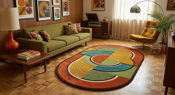 Hand-Tufted Mid-Century Modern Geometric Wool Rug, Retro Abstract Vintage Living Room Carpet