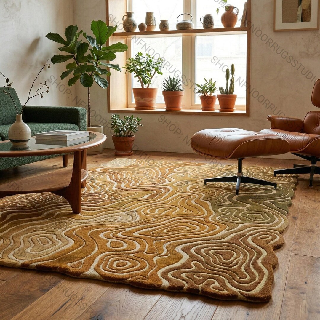 Hand Tufted Wool Rug, Organic Abstract Wavy Carpet, Earth Tone Mid ...