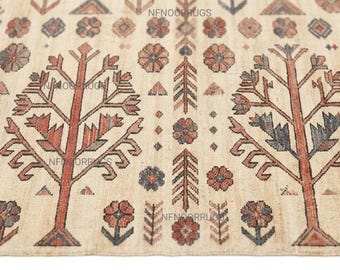 Hand Knotted Wool Rug, Kashmiri Tree of Life Folk Floral Carpet, Beige Rust Blue