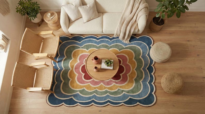 May include: An overhead shot of a living room featuring a multi-coloured, scalloped-edge rug. The rug has a rainbow design with blue, yellow, and pink hues. A wooden coffee table, two chairs, and a sofa are arranged on the wooden floor.