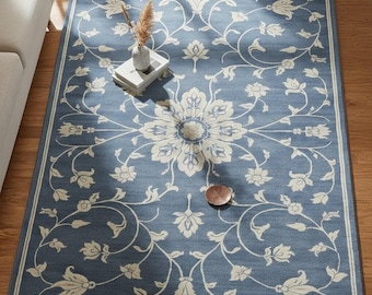 Blauer Teppich mit Medaillon-Muster, Handgefertigter Botanischer Teppich, Wohnzimmerteppich im Vintage-Stil