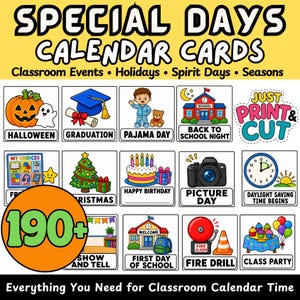 Pode incluir: Um conjunto de cartões de calendário imprimíveis intitulados SPECIAL DAYS CALENDAR CARDS com ilustrações coloridas para eventos como Halloween, formatura, dia do pijama, aniversários e simulados de incêndio, com um círculo laranja 190+.