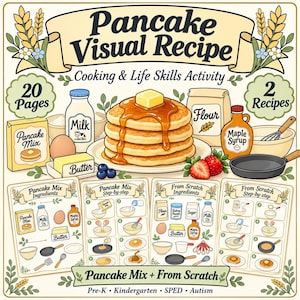 Visuellt pannkaksrecept för barn, utskrivbar matlagningsaktivitet, recept på livskunskap, förskola dagis SPED autism PDF
