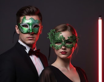 Máscara de encaje verde para parejas