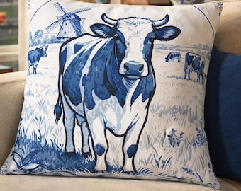 Holländsk ko Kudde & fodral Nederländsk mammagåva Frisisk ko Spridningskudde Delftblå pläd, Holland Landsbygd Heminredning Amsterdam Souvenir