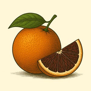 May include: An illustration of an orange fruit with a green leaf and a slice of orange. The whole orange is a vibrant orange color, and the slice reveals a deep red interior. The artwork has a vintage, detailed style.