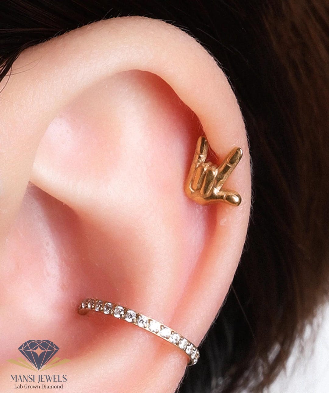 14K Gold Love Sign Stud Earring | Rock Hand Gesture Flat Back Labret ...