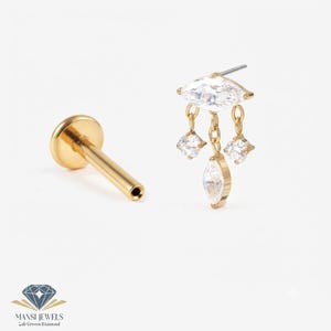 Marquise Diamond Dangle Flat Back Stud | Solid 14K Gold Helix Tragus Piercing Jewelry