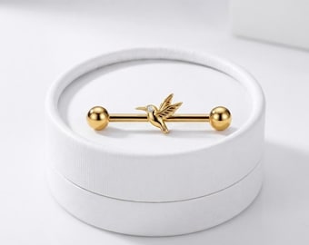 Massief gouden industriële barbell kolibrie | Diamanten steigerpiercing | 10K 14K 18K goud | In het lab gekweekte diamant of moissaniet | 284