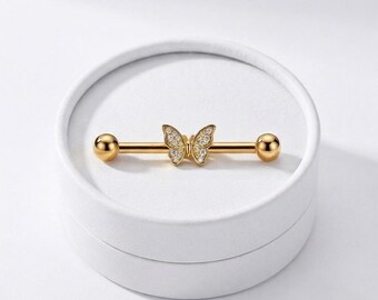 Solid Gold Schmetterling Industrial Barbell | Diamant Schmetterling Scaffold Piercing | 10K 14K 18K Gold | Im Labor gewachsener Diamant oder Moissanit | 282