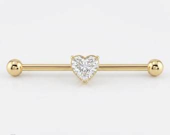 Heart Shape Diamond Industrial Barbell Piercing | 3mm Heart Lab Grown Diamond Ear Bar | 925 Silver & Solid Gold | MJL-242