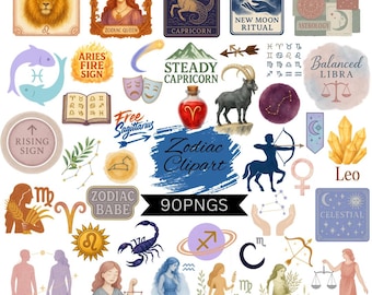 Watercolor Zodiac Clipart Bundle | Astrology PNG Illustrations (Digital Download)