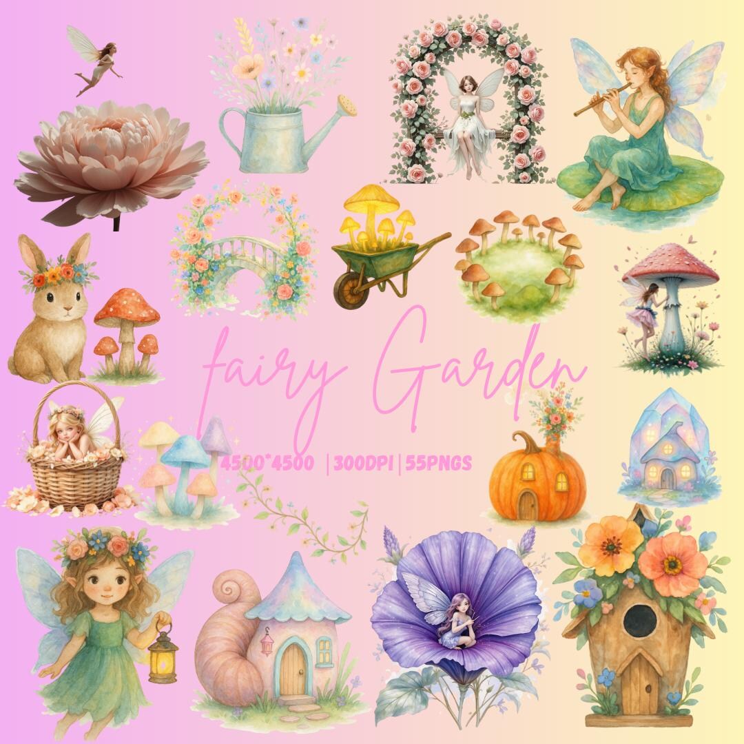Watercolor Fairy Garden Clipart Bundle, Magical Houses, Flowers (55 ...